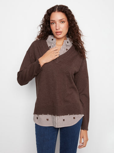 Long-sleeved brown sweater with elegant striped collar detail, perfect for layering over jeans by Charlie B.