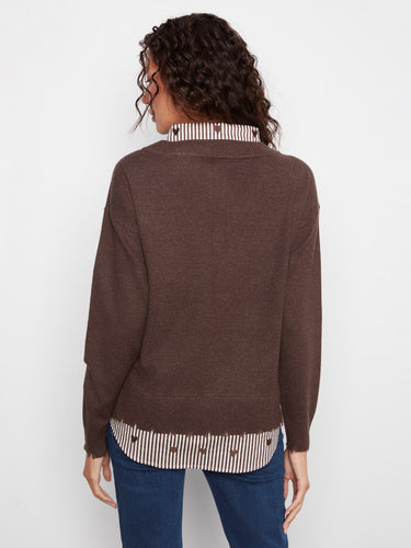 V-neckline brown sweater showcasing a unique layered poplin hem design, effortlessly stylish by Charlie B.