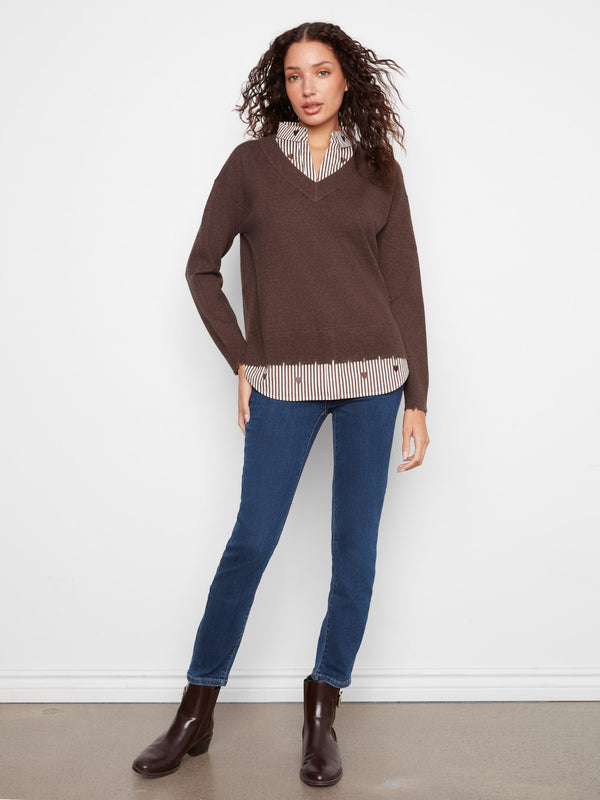 V-Neck Fooler Sweater With Embroidered Shirt Collar - Heather Coffee