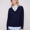Navy sweater featuring long sleeves and a poplin shirt collar with heart embroidery, offering a stylish layered design by Charlie B.