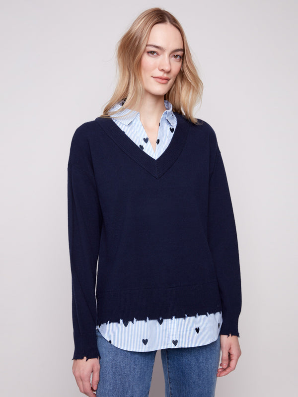 Chic navy V-neck design paired with an embroidered poplin shirt collar for an elegant touch by Charlie B.