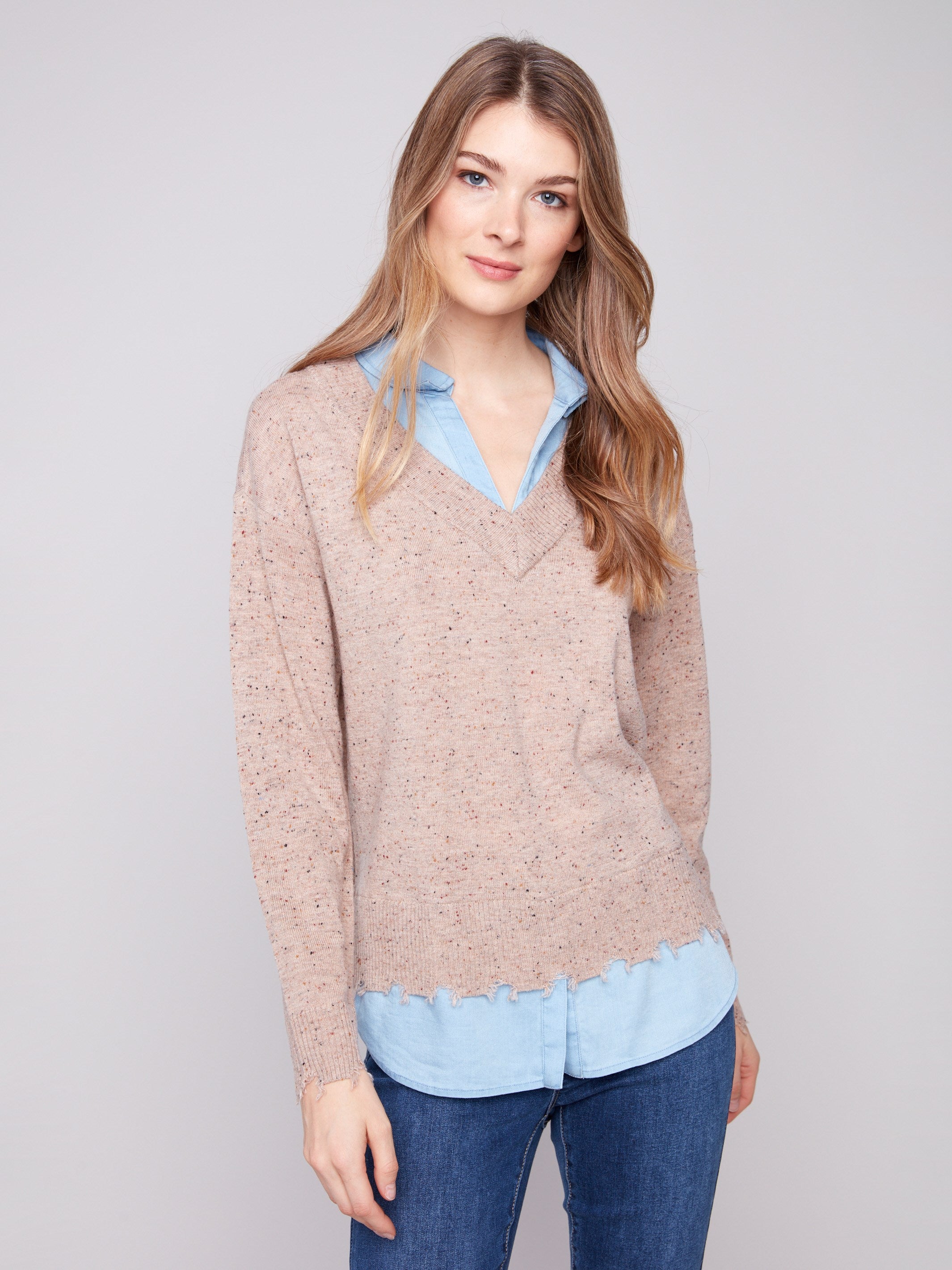 Oat flecks sweater featuring long sleeves and a poplin shirt collar for a chic layered look by Charlie B.