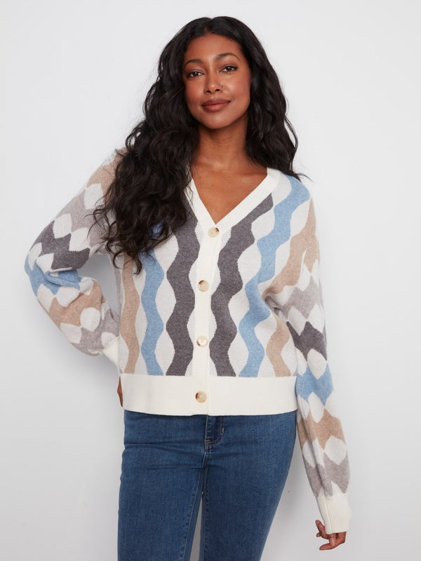 V-Neck Jacquard Cardigan - Serpentine