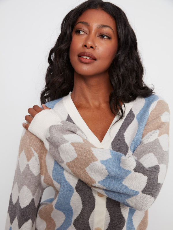 V-Neck Jacquard Cardigan - Serpentine