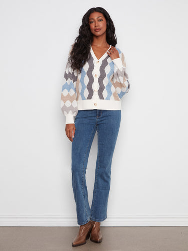 Chic V-neck cardigan showcasing a unique geometric pattern and ribbed detailing by Charlie B.