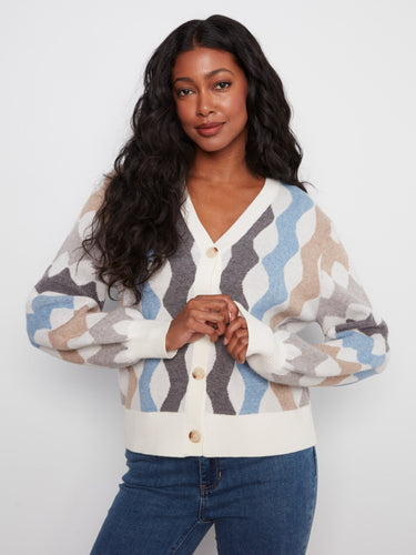 Stylish jacquard cardigan with contrasting colors and comfortable fit by Charlie B.