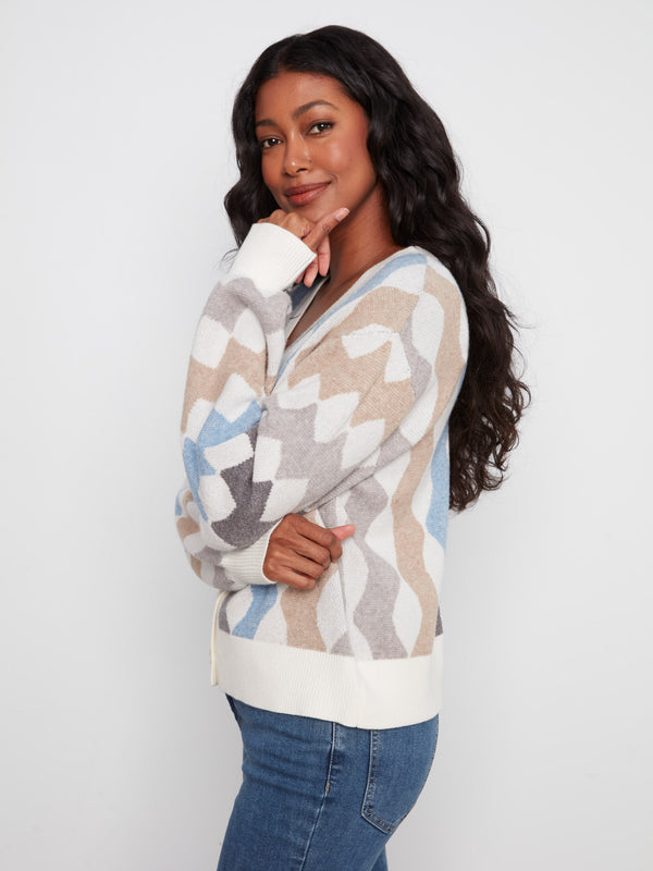 V-Neck Jacquard Cardigan - Serpentine
