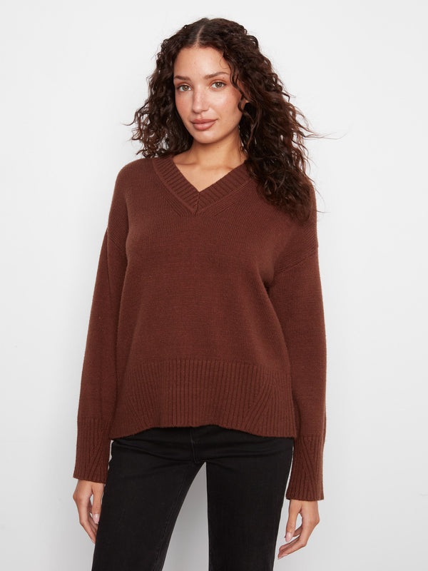 V-Neck Knit Sweater - Heather Brown