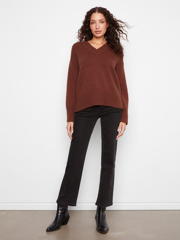 V-Neck Knit Sweater - Heather Brown
