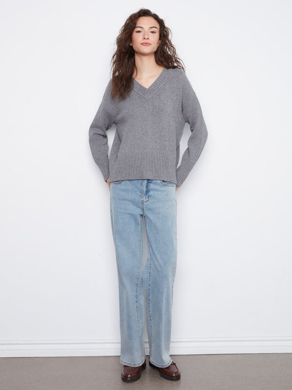 V-Neck Knit Sweater - HeatherMed Grey