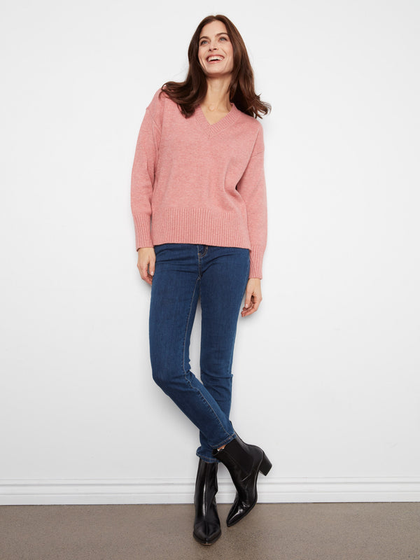 V-Neck Knit Sweater - Heather Carnation