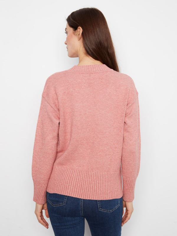V-Neck Knit Sweater - Heather Carnation
