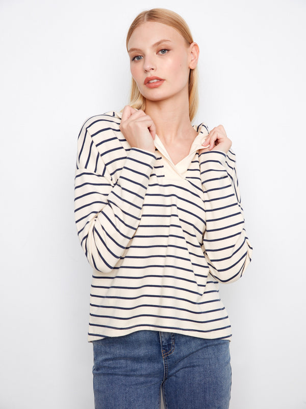 Striped navy and white hoodie featuring a stylish high-low hem by Charlie B.