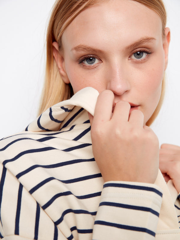 V-Neck Striped Hoodie - Navy