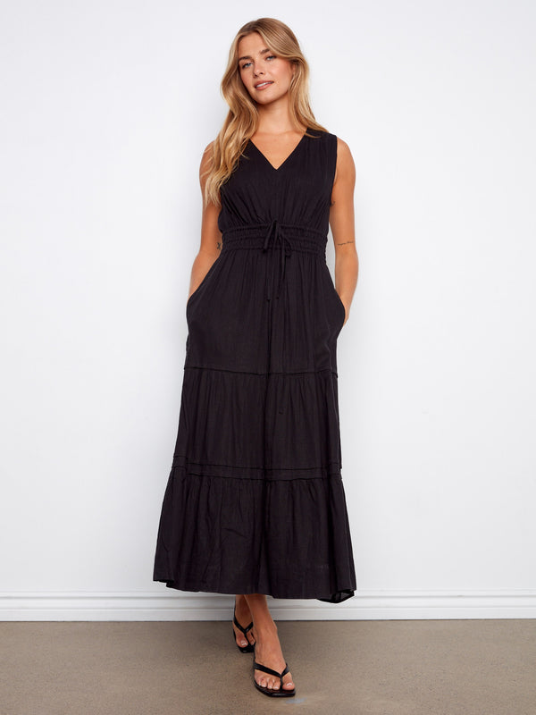 V-Neck Tiered Linen Maxi Dress - Black