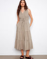 Elegant dress featuring a V-neckline and sleeveless design, perfect for warm weather. By Charlie B.