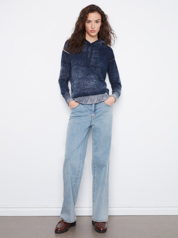 Vintage Effect Cotton Hoodie Sweater - Navy