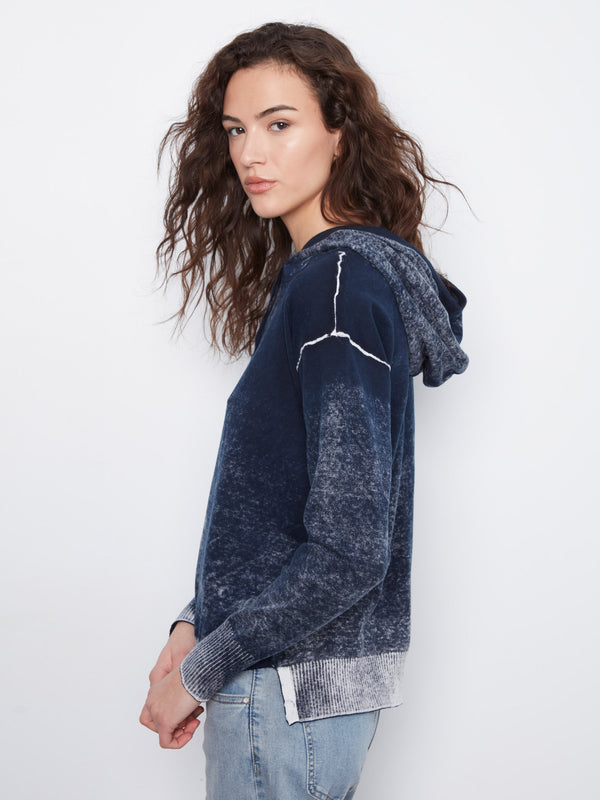 Vintage Effect Cotton Hoodie Sweater - Navy