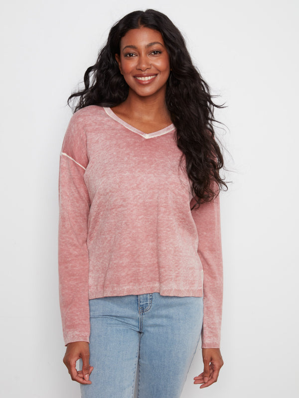 Vintage Effect V-Neck Sweater - Rosebud