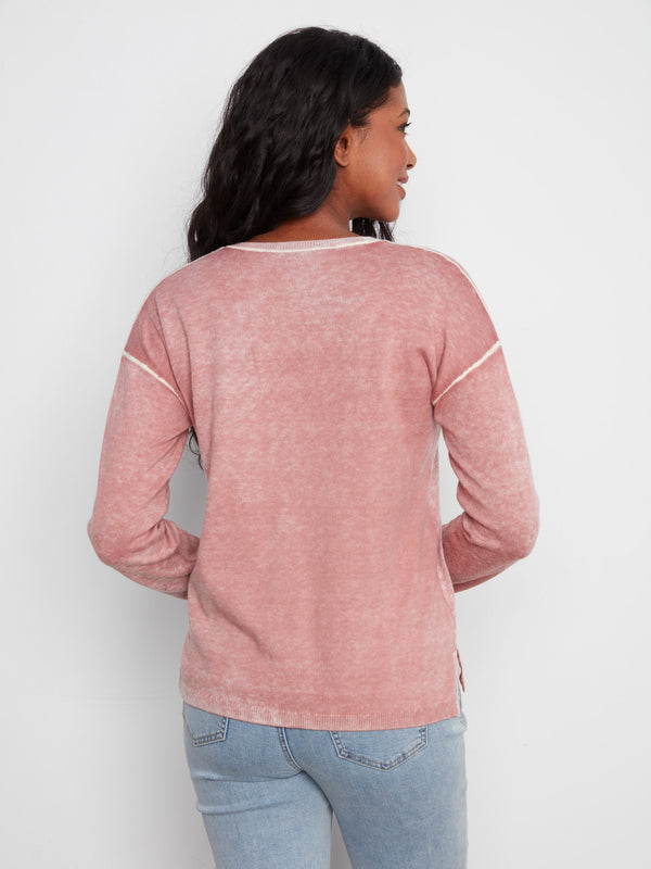 Vintage Effect V-Neck Sweater - Rosebud