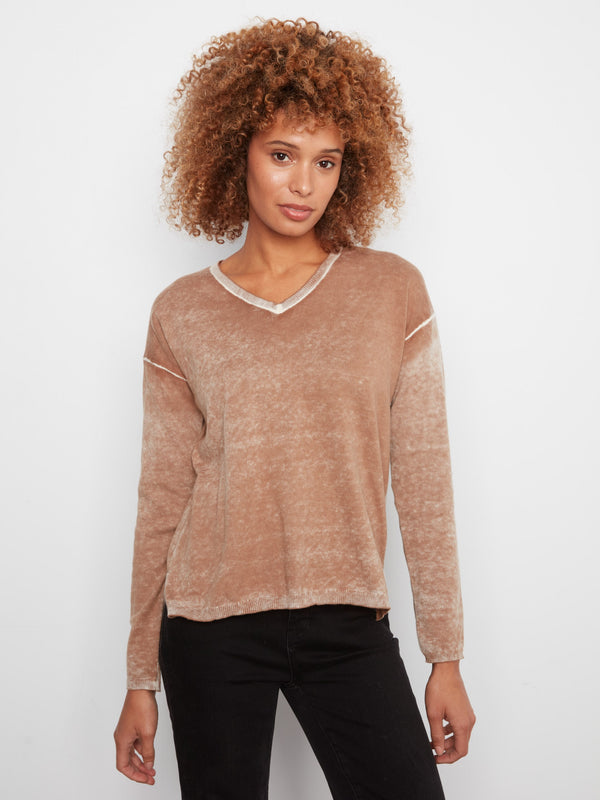 Vintage Effect V-Neck Sweater Truffle