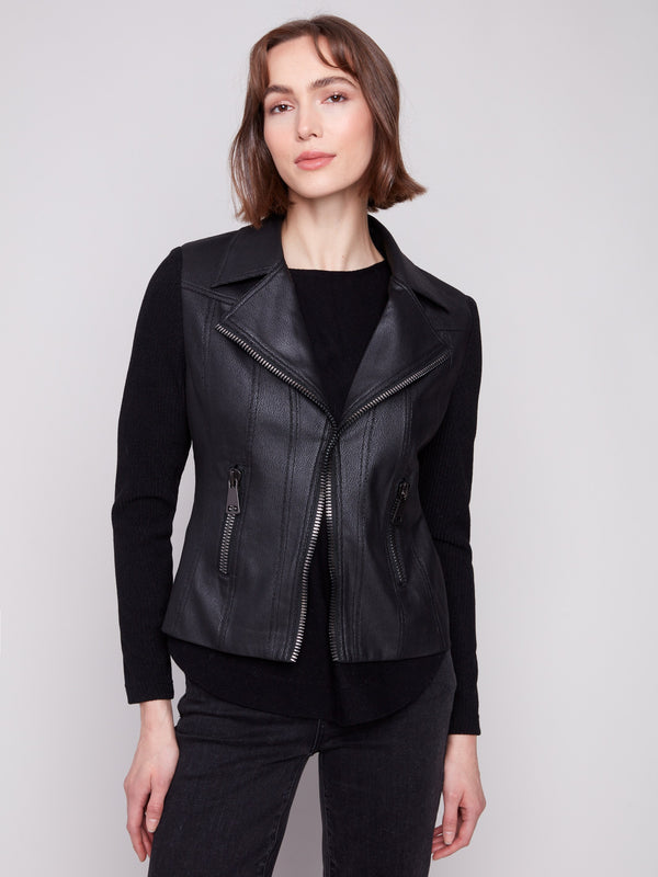 Black jacket featuring a lapel notch collar and sleek faux pockets with zippers by Charlie B.