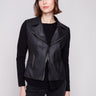 Black jacket featuring a lapel notch collar and sleek faux pockets with zippers by Charlie B.