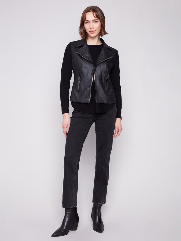 Jacket with hook-and-eye closure and stylish rib knit sleeves for a modern touch by Charlie B.