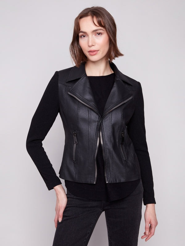 Faux leather texture enhances the chic appeal of this versatile black jacket by Charlie B.