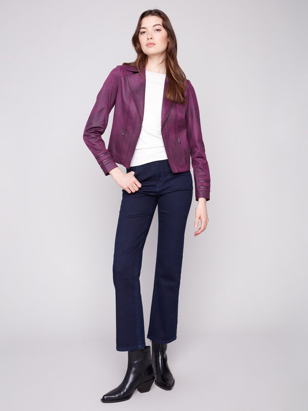 Stylish berry jacket with a trendy lapel notch collar by Charlie B.
