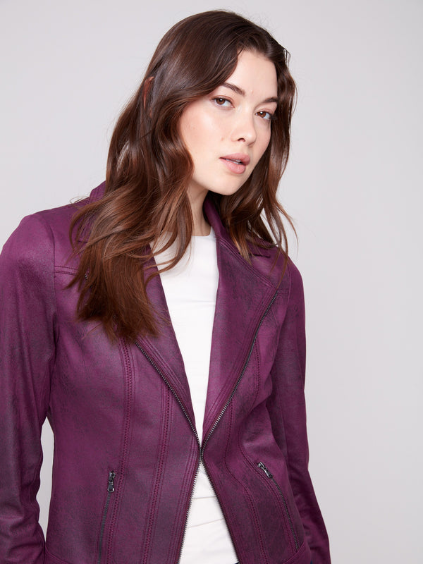 Chic short length berry jacket in sleek faux leather by Charlie B.