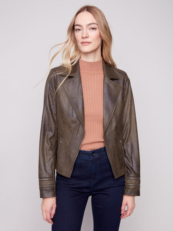 Spruce faux leather jacket with ribbed cuffs and sleek silhouette, perfect for a modern look by Charlie B.