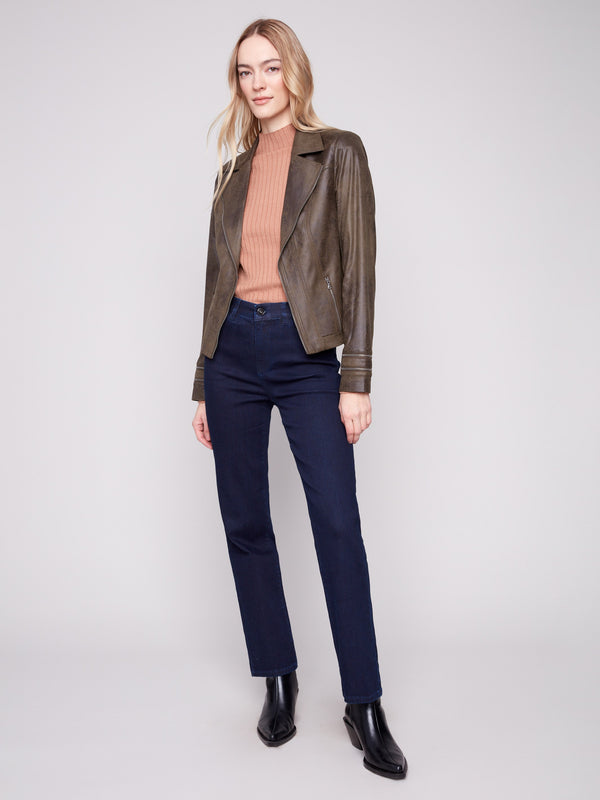 Stylish faux leather jacket in spruce with zipper accents, offering a chic and versatile style by Charlie B.