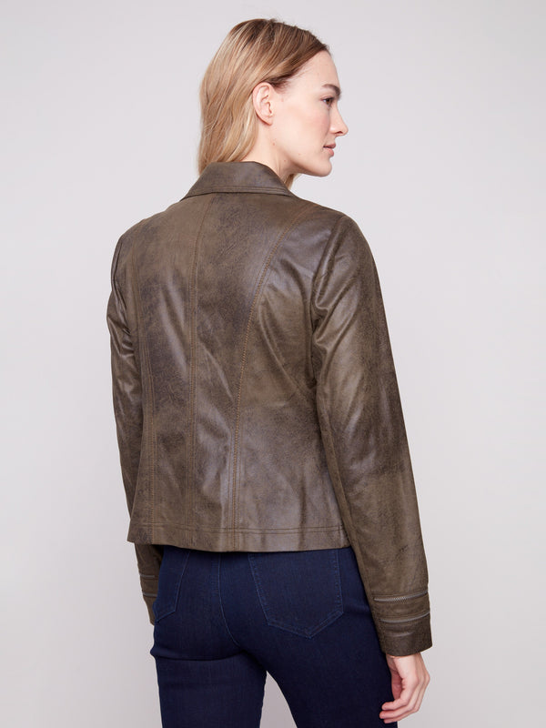 Faux leather jacket in spruce color, designed for a tailored fit and contemporary appeal by Charlie B.