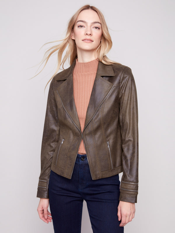 Chic spruce faux leather jacket with subtle texture and refined detailing for everyday wear by Charlie B.