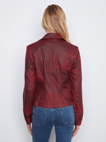 Merlot vintage faux leather jacket with trendy zipper details for added flair and style by Charlie B.