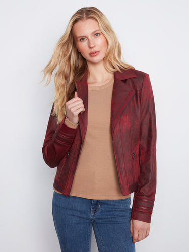 Short length merlot vintage faux leather jacket perfect for layering and versatile styling by Charlie B.