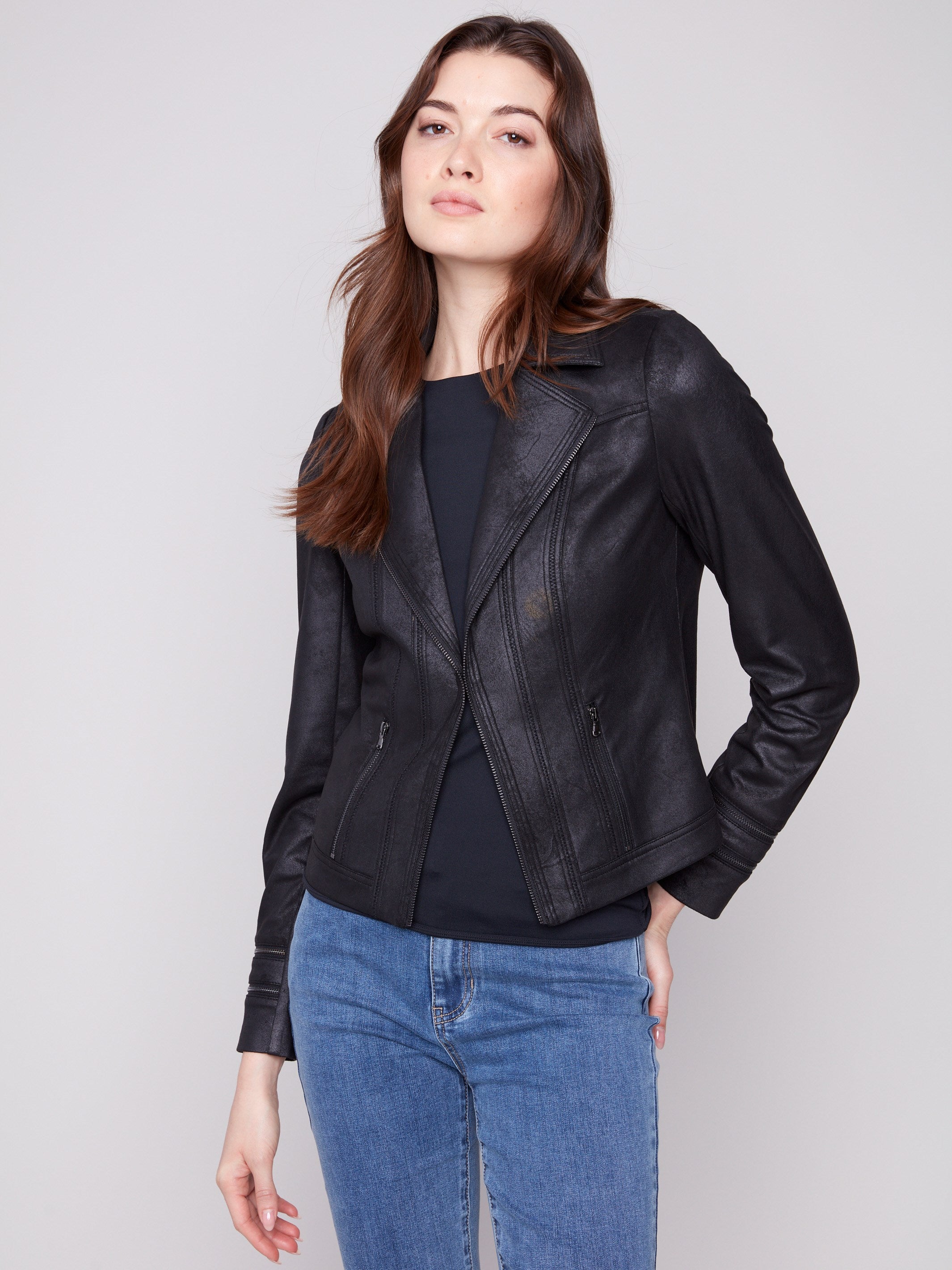 Black faux leather jacket featuring a stylish hook-and-eye closure for added elegance by Charlie B.