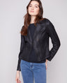 Black faux leather jacket featuring a stylish hook-and-eye closure for added elegance by Charlie B.