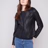 Black faux leather jacket featuring a stylish hook-and-eye closure for added elegance by Charlie B.