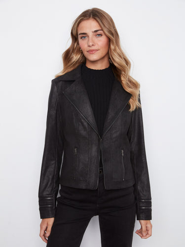 Black jacket with a sleek hook-and-bar closure, perfect for versatile styling by Charlie B.