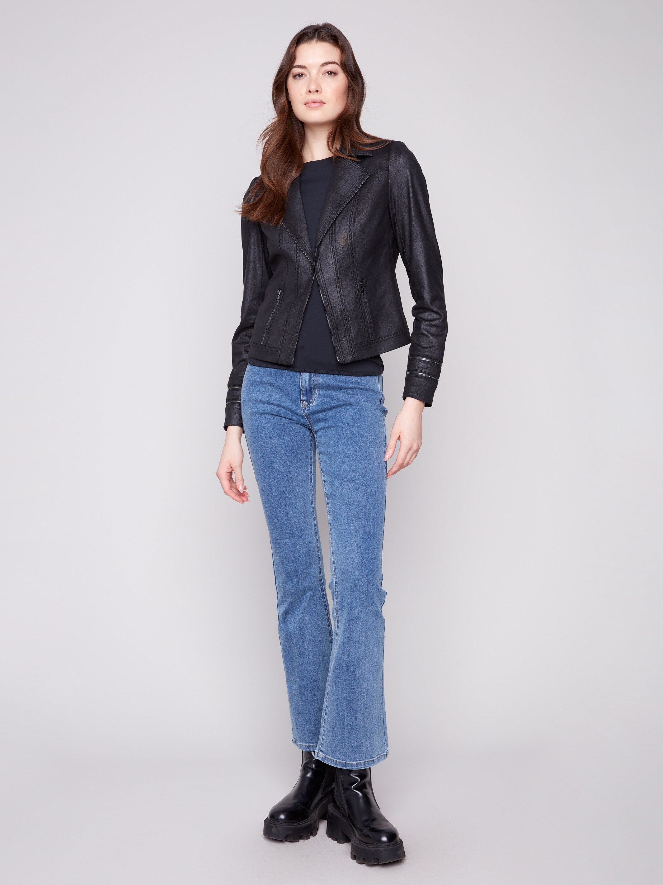 Chic black jacket with a sophisticated lapel notch collar, perfect for any occasion by Charlie B.