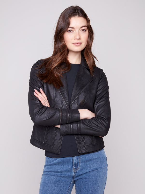 Elegant short length black jacket that complements various outfits effortlessly by Charlie B.