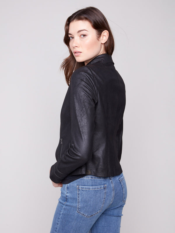 Sleek design of the black faux leather jacket offers a modern and trendy look by Charlie B.