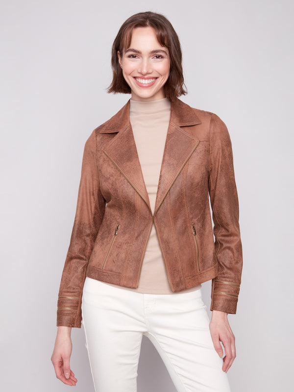 Truffle faux leather jacket featuring a stylish lapel collar and sleek zipper accents by Charlie B.