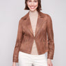 Truffle faux leather jacket featuring a stylish lapel collar and sleek zipper accents by Charlie B.