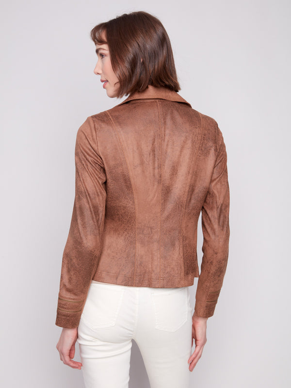 Elegant truffle jacket crafted from premium faux leather, complete with modern zipper details by Charlie B.