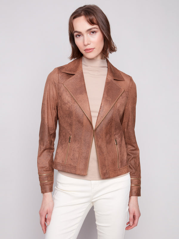 Sophisticated truffle jacket designed with a classic lapel collar and refined faux leather texture by Charlie B.