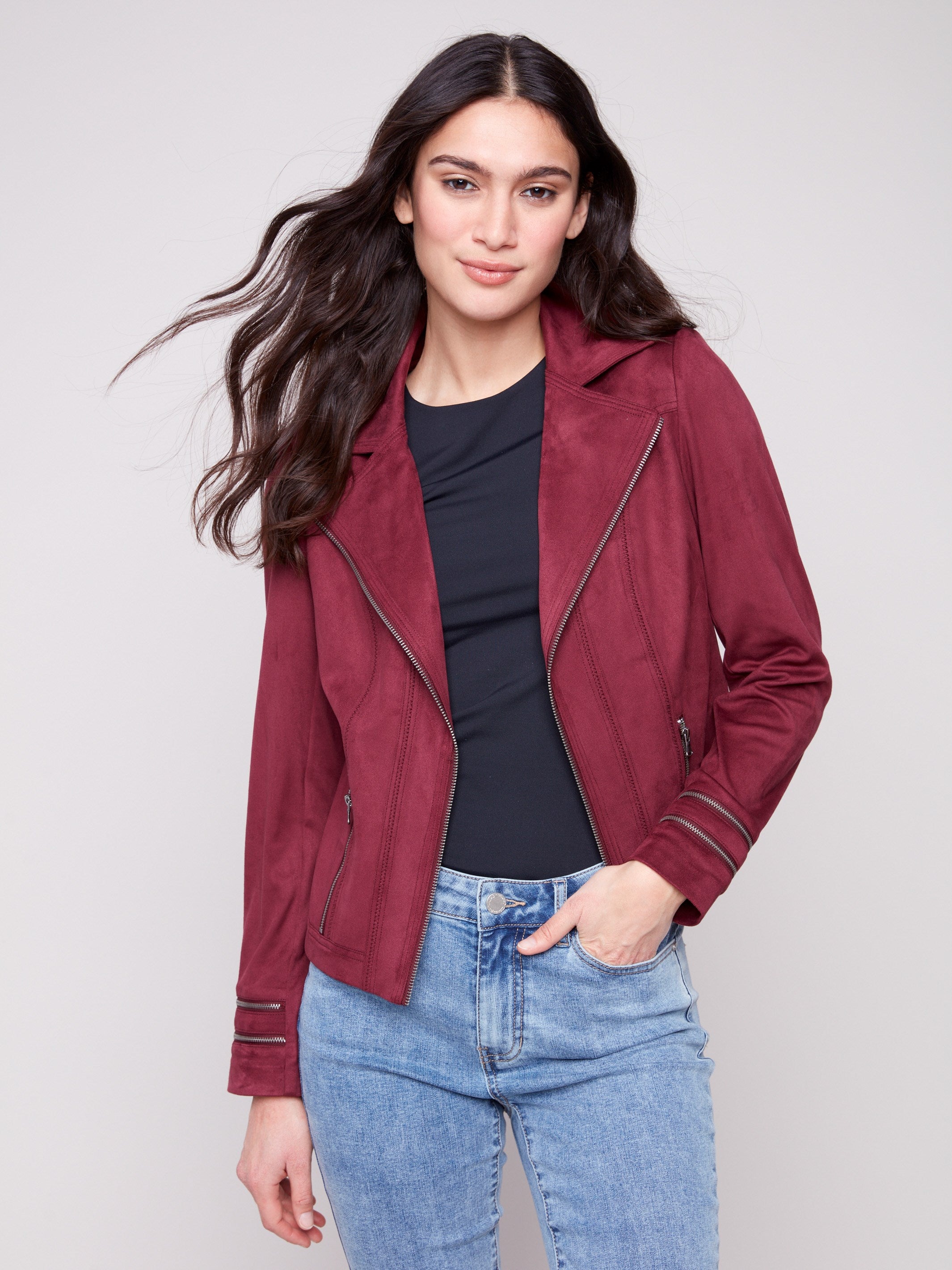 Women's cabernet faux suede jacket featuring a sleek hook-and-eye closure for a refined look by Charlie B.
