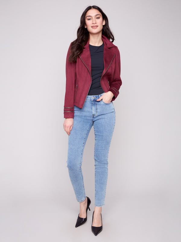 Sophisticated short-length cabernet jacket with elegant zipper details on faux pockets by Charlie B.